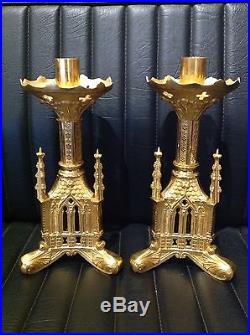 Antique Pair of Brass Gothic Cathedral Church Paschal Altar Candlesticks 11