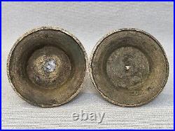 Antique Pair of Chinese Heavy Brass Floral Etched Candle Holders, 4 H, 5 1/4 D