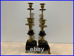 Antique Pair of Continental European Brass 3 Arm Decorative Footed Candelabras