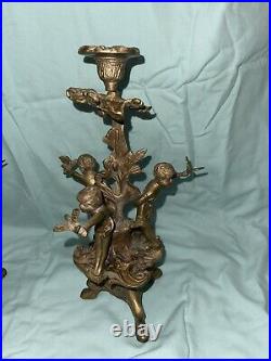 Antique Pair of Heavy Brass Candlesticks Cherubs Holding Doves Excellent Used