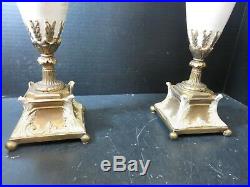 Antique Pair of Ornate French Enameled Brass Pedestal 5 Candle 4 Arm Candelabras