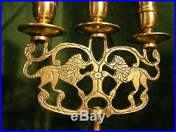 Antique Rare 2 Brass 3 Candle Jewish Sabbath Candleabra-Lion of Judea-early1900