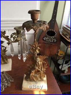 Antique Set Of Victorian Figural Brass & Marble Girandole Candelabras
