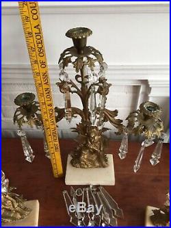 Antique Set Of Victorian Figural Brass & Marble Girandole Candelabras