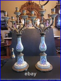Antique Sevres Porcelain Five Arm Candleabra Pair. Porcelain and Brass 25x9
