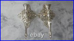 Antique Silver Plated Brass Wall Sconce Candle Holder Pair