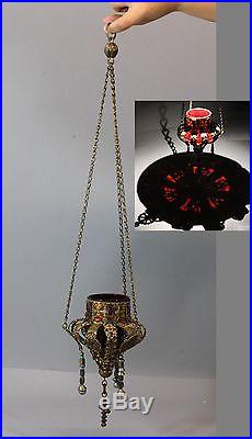 Antique Solid Brass Jeweled Hanging Candle Fairy Lamp, NR