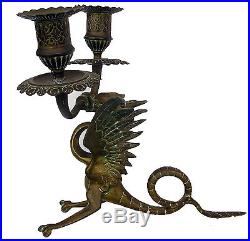 Antique Solid Brass Medieval Dragon Griffon Lamp Candleholder
