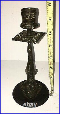 Antique Solid Bronze Dolphin Candlestick Candle Holder