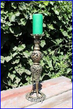 Antique TALL Ornate Brass Filigree Candlestick Holder Candle Pillar 19