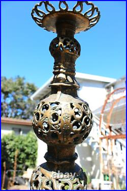 Antique TALL Ornate Brass Filigree Candlestick Holder Candle Pillar 19