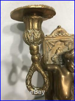 Antique VTG Solid Brass Metal Cherub Candle Holder Wall Sconce Lighting Deco SET