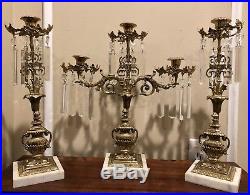 Antique Vase Urn Girandole 3 Piece Marble Brass Candelabra Set Candle Holders