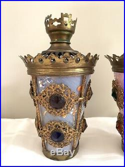 Antique Victorian 1800s Brass Jeweled Ormolu Lamp Candle Holder Fairy Lamp Shade