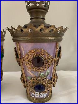 Antique Victorian 1800s Brass Jeweled Ormolu Lamp Candle Holder Fairy Lamp Shade