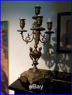 Antique Victorian 5 Candle 4 Arm Candelabra Solid Brass Griffin Base Ornate 19