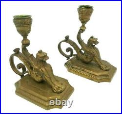 Antique Victorian Aesthetic Movement Hand Held Candle Holders Griffin Sphinx