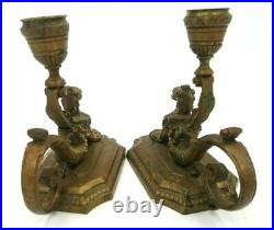 Antique Victorian Aesthetic Movement Hand Held Candle Holders Griffin Sphinx