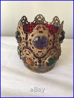 Antique Victorian Brass Jeweled Fairy Finger Lamp Candle Holder Shade