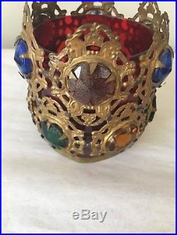 Antique Victorian Brass Jeweled Fairy Finger Lamp Candle Holder Shade