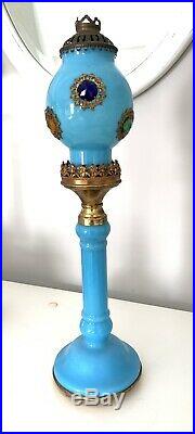 Antique Victorian Brass Jeweled Fairy Lamp Candle Holder Jewels Blue Opaline