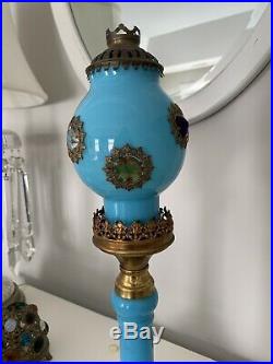 Antique Victorian Brass Jeweled Fairy Lamp Candle Holder Jewels Blue Opaline