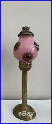 Antique Victorian Brass Jeweled Fairy Lamp Candle Holder Jewels Pink