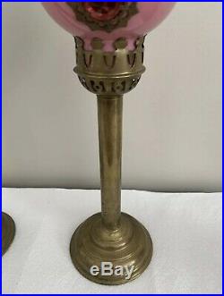 Antique Victorian Brass Jeweled Fairy Lamp Candle Holder Jewels Pink