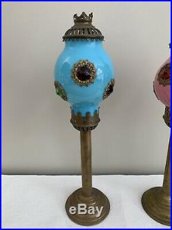 Antique Victorian Brass Jeweled Fairy Lamp Candle Holder Pair Jewels Pink Blue