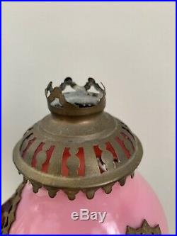 Antique Victorian Brass Jeweled Fairy Lamp Candle Holder Pair Jewels Pink Blue