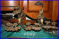 Antique Victorian Brass Metal 4 Arm Wall Sconce Candle Holders Pair Flowers