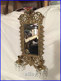Antique Victorian French Chinoiserie Brass Mirror with Candelabra Candleholders