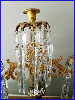 Antique Victorian Girandoles Candelabra Candle Holders Crystal, Cornelius, Brass