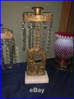 Antique Victorian Girandoles Gilt Ormolu Brass Candelabra Set With Marble Base