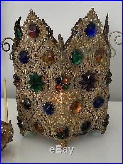 Antique Victorian Ormolu Brass Jeweled Fairy Lamp Candle Holder Chandelier Shade