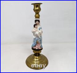 Antique Vieux Paris Porcelain Madonna Child Mary Jesus Brass Candle Holder KP21