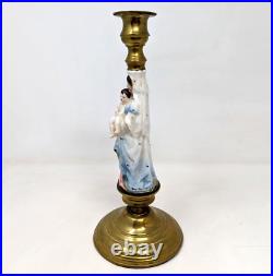 Antique Vieux Paris Porcelain Madonna Child Mary Jesus Brass Candle Holder KP21
