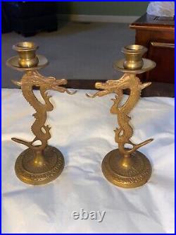 Antique Vintage 9 Pair Of Brass Dragon Candlesticks