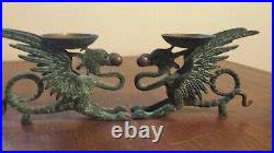 Antique Vintage Pair Brass Bronze Dragon Candle Holders Pearl in Mouth Chinese