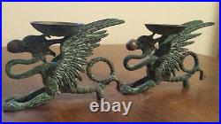 Antique Vintage Pair Brass Bronze Dragon Candle Holders Pearl in Mouth Chinese