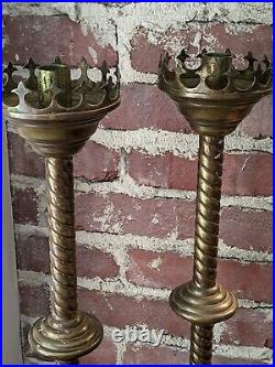 Antique Vintage Pair of Gothic Church Religious Brass Candleholders