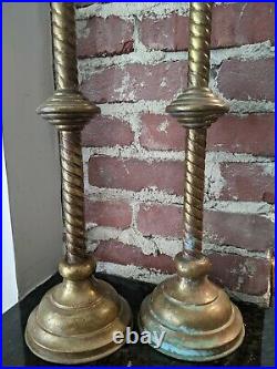 Antique Vintage Pair of Gothic Church Religious Brass Candleholders