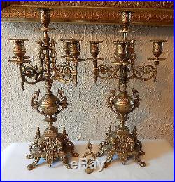 Antique Vintage Victorian Style 5 Arm Ornate Brass Candelabras withSnuffer Home
