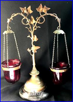 Antique Votive Holder Home Altar Cast Brass / Ruby Glass / Stone From Portugal