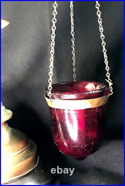 Antique Votive Holder Home Altar Cast Brass / Ruby Glass / Stone From Portugal