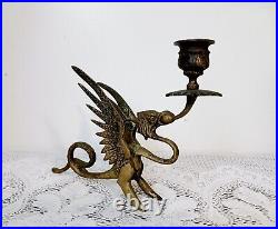 Antique Vtg Brass Griffin Gryphon Dragon Candlestick Candle Holder