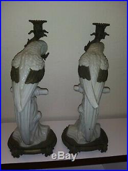 Antique White Porcelain Parrot Candleholder with Brass Accents (set of 2)