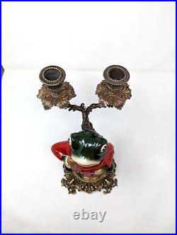 Antique William Sung Frog Brass Porcelain Candle Holder 1866 12 Inches Tall