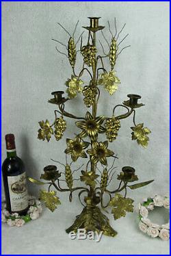 Antique XL church brass Candle holder candlestick 5 arms floral decor