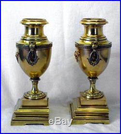 Antique brass urns, pair Victorian neoclassical urn-shaped candle holders, 19thC